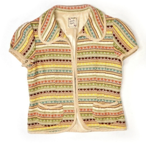 ANTHROPOLOGIE Nanette Lepore Short Sleeve Boho Tweed Multicolor Blazer Size 8 - Picture 2 of 5